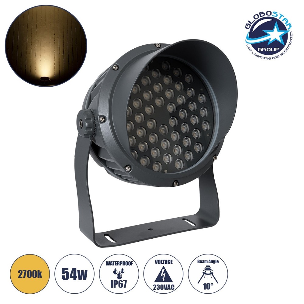 GLOBOSTAR® FLOODIMO 90743 Προβολέας Σποτ Wall Washer με Αντιθαμβωτική Γρίλια LED 54W 4860lm 10° AC 220-240V Αδιάβροχο IP67 Θερμό Λευκό 2700K - Bridgelux SMD Chip - Γκρι Ανθρακί - Μ26 x Π28 x Υ35cm - 3 Χρόνια Εγγύηση